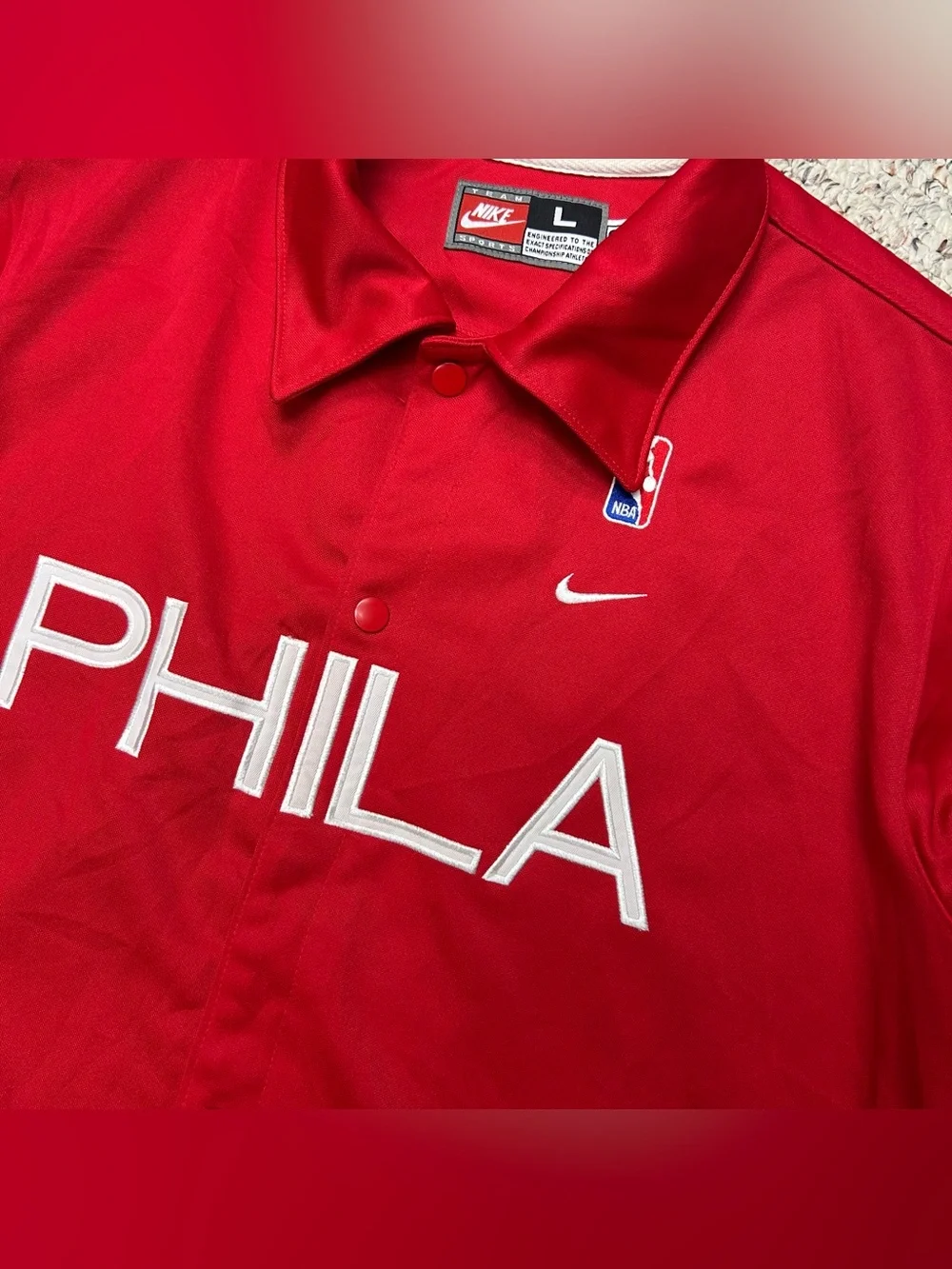 Nike Philadelphia 76ers Warm Up Shooting Shirt Large Red Snap Button Vintage 90s
